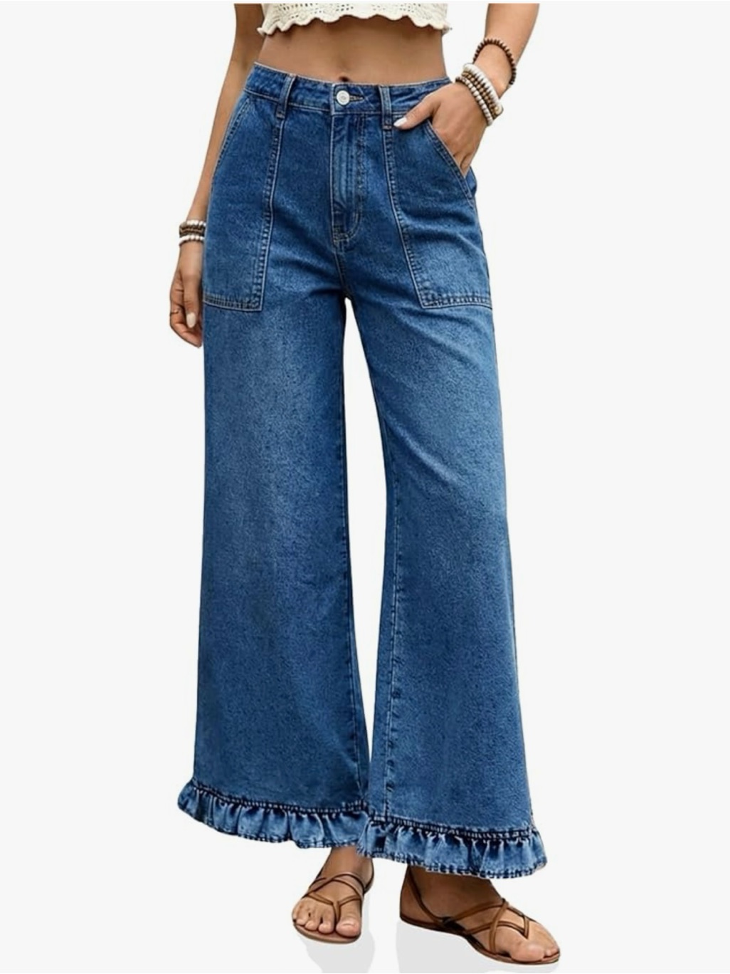 Wide-Leg High-Rise Dark Blue Jeans With Ruffle Hem